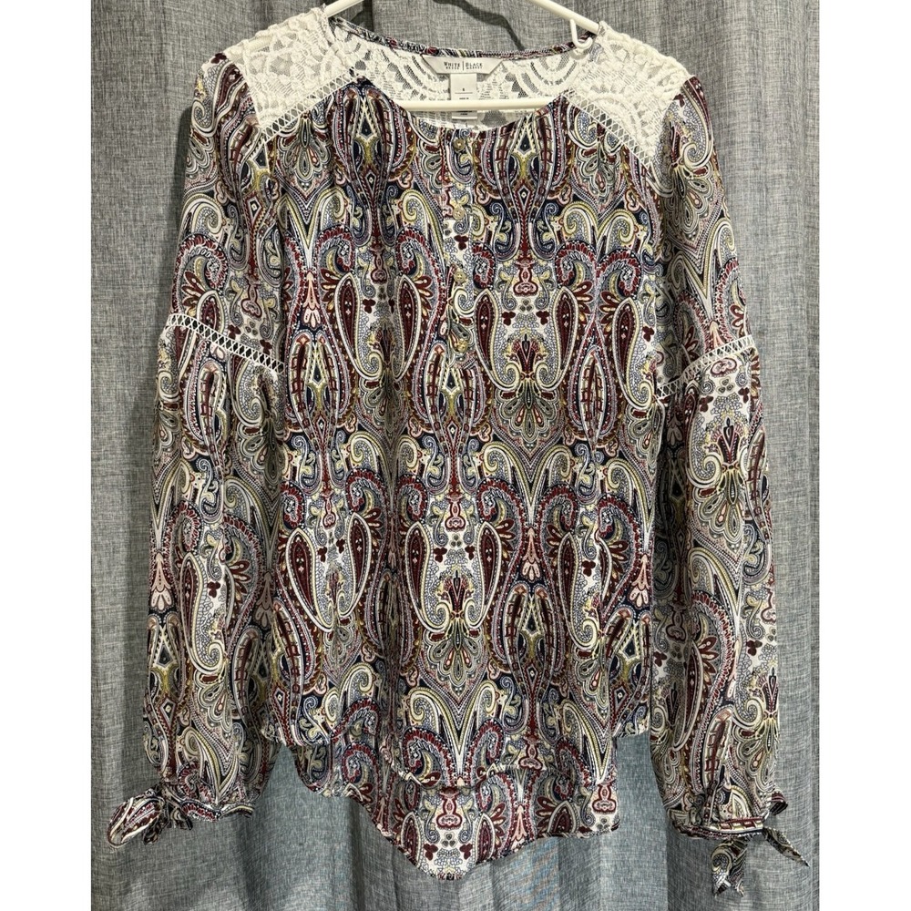 White House Black Market Blouse Lace Long Sleeve ties buttons Size 6 Paisley EUC